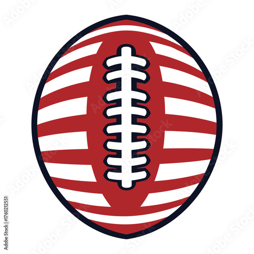 American football with red stripes and white laces stands on white background