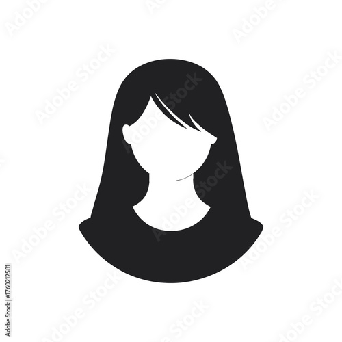 Black haired woman silhouette with straight bangs and shoulder length hair on white background