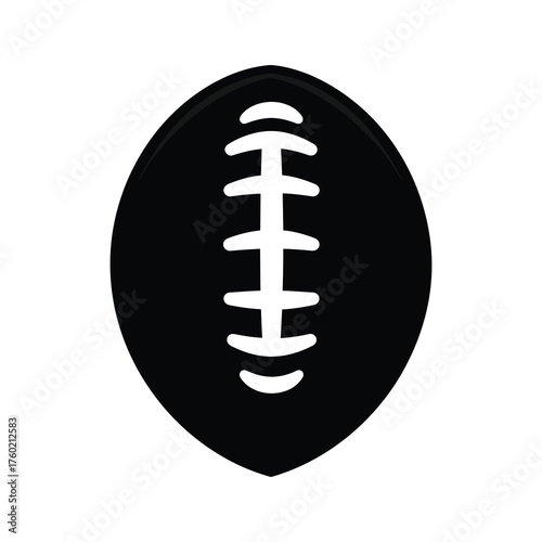 Black american football ball shows central white laces on a white background
