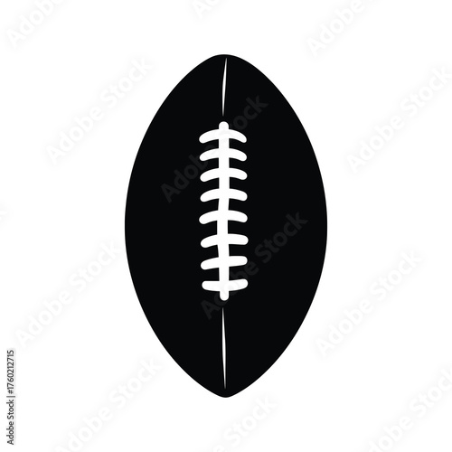 Isolated black silhouette of a football with detailed laces lies on a white background