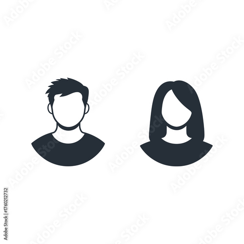 Male and female faceless avatars are displayed against a clean white background