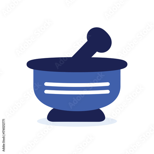 Mortar and pestle in dark blue indicate preparation in white background