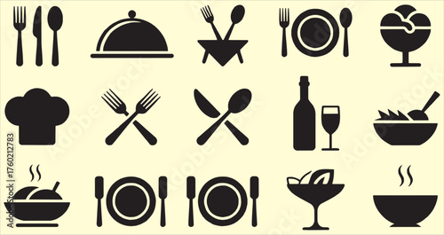 Cooking and kitchen tools icons set. Restaurant utensils, chef items, food concept, minimal black design, culinary art, professional kitchen symbols