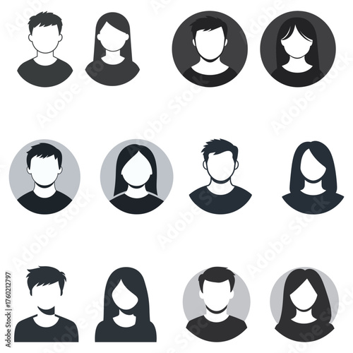 Several grayscale faceless men and women avatars are arranged against a white background