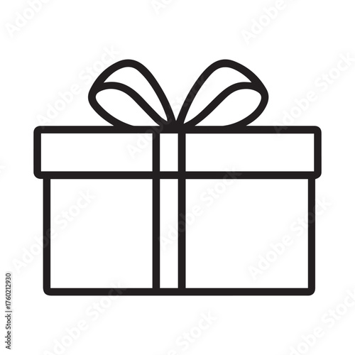 Black outline of a gift box with bow is isolated on white background