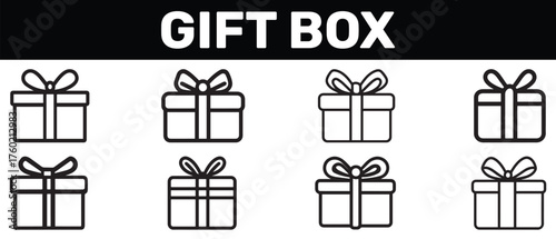 Eight gift boxes in line art style with simple bows are on white background