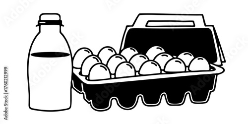 Milk bottle eggs carton dairy product breakfast food organic fresh farm healthy nutrition ingredient product