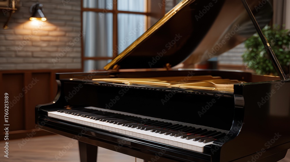 Fototapeta premium Elegant Grand Piano with Exposed Interior in Museum Corner Setting