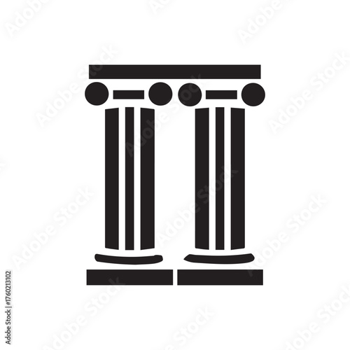 Two ancient black pillars support a dark entablature against white background