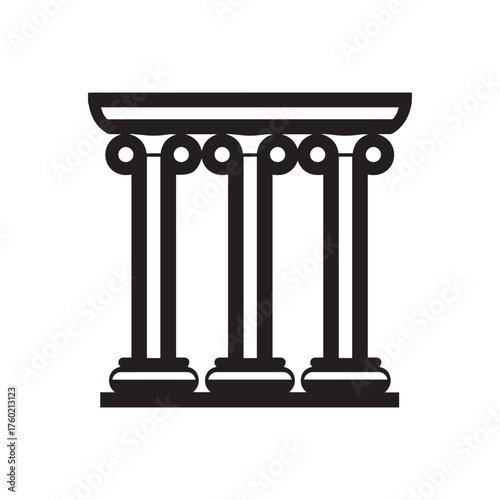 Three black ionic column support shows ancient architecture and historic symbol on white background