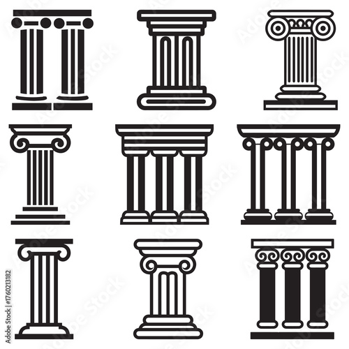 Nine black ancient architectural columns stand outlined against a white background within a structured symmetrical arrangement