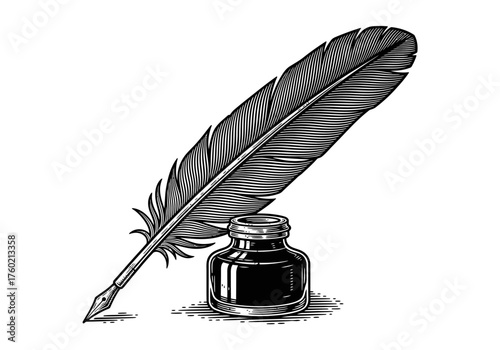 A vintage quill feather ink writing pen and inkwell in a retro woodcut or woodblock line art drawing style
