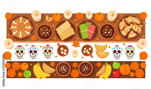 Day of the Dead Feast Illustration Traditional Mexican Food and Decorations