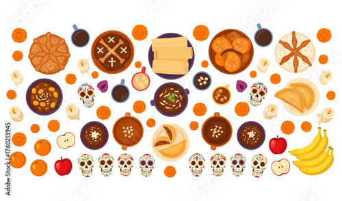 Dia de Muertos Feast Colorful Mexican Food and Decorative Skulls