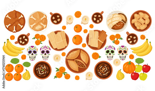 Day of the Dead Traditional Mexican Food and Decorations Flat Lay