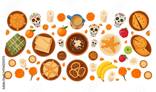 Dia de los Muertos Feast Traditional Altar with Food and Skulls