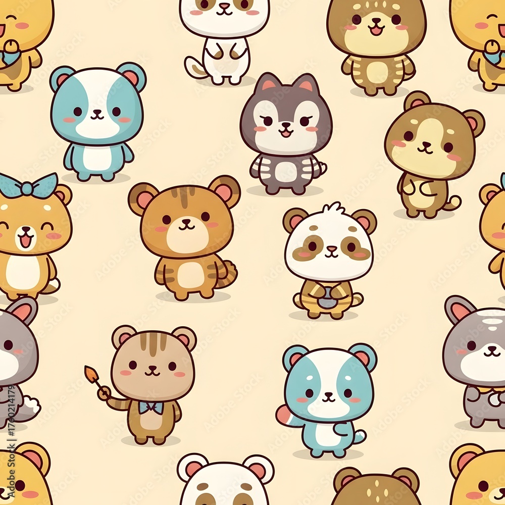 Naklejka premium Cute cartoon animals pattern on a light beige background with various adorable creatures