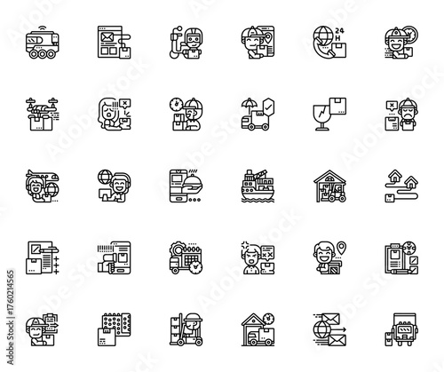 Delivery icon set. Minimal vector line icons pack. Icludes symbols for robot, rone, courier, express delvery, warehouse, shipping,barcode and more. Editablestroke.