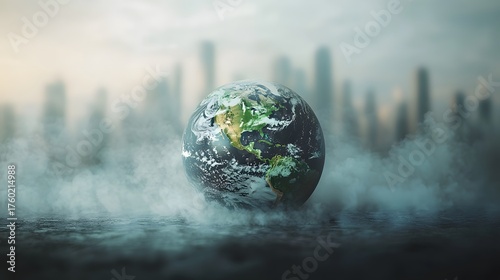 Planet Earth surrounded by thick smog set against a blurry urban skyline symbolizing environmental crisis