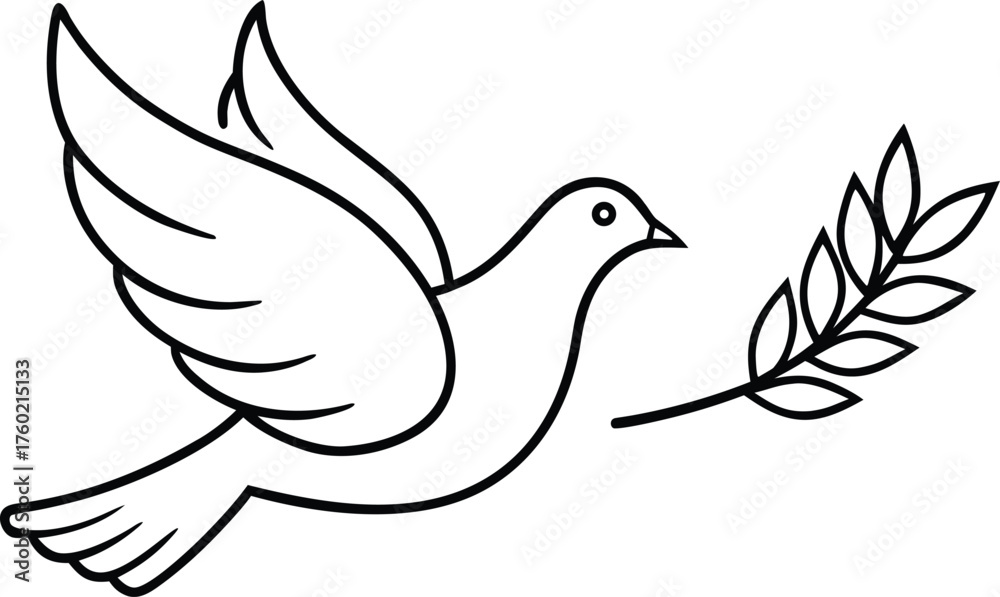 Obraz premium Dove with Olive Branch – Black and White Line Drawing Symbolizing Peace and Hope