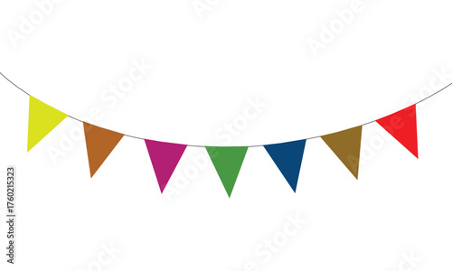 Colorful triangular bunting flags hanging on string for celebration and party decoration
