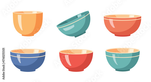 A collection of six ceramic bowls in various colors and styles for everyday use.
