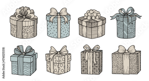 A collection of beautifully illustrated gift boxes adorned with elegant ribbons and bows.