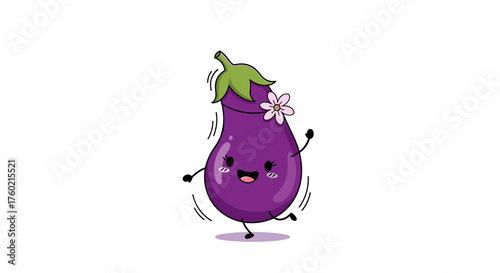 Cute dancing eggplant with a flower in its hair celebrating joyfully.