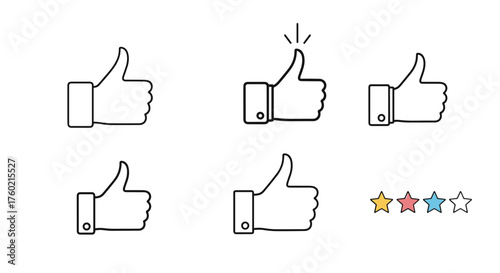 Collection of thumbs up icons and rating stars symbolizing approval and satisfaction.