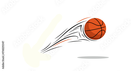 A dynamic illustration of a basketball in mid-air with motion trails trailing behind it as it flies through the air on a white background.