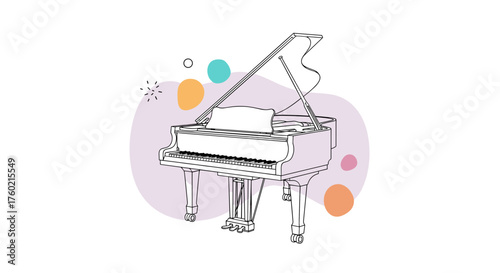 A delightful illustration of a grand piano with colorful abstract shapes floating around it