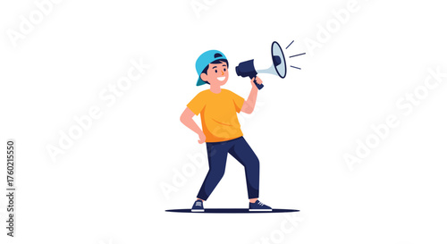 A young boy wearing a cap and shirt shouts into a megaphone.