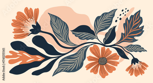 A delightful illustration featuring stylized blooming flowers and leafy branches in warm earthy tones.