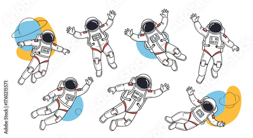 A collection of astronauts floating weightlessly in outer space with planets and abstract shapes.