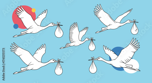 Storks carrying baby bundles fly across a light blue sky with colorful abstract circles representing new life and beginnings.