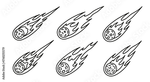 Six celestial bodies streaking across the dark sky in a fiery descent.