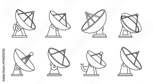 A collection of satellite dish antennas presented in a clean line art illustration style
