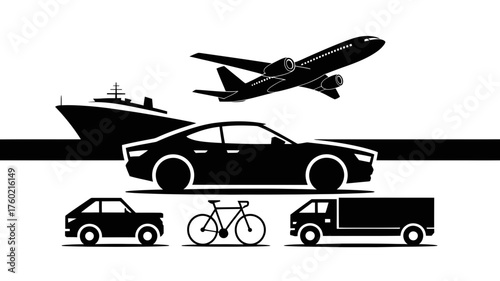 Dynamic transportation options showcase air travel, cruise ship, cars, bicycle, and truck for modern logistics and travel themes, originally a scalable vector graphic