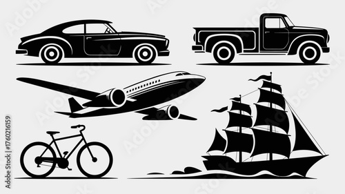 Classic car, pickup truck, airplane, sailboat, and bicycle icons create a vintage transportation scene, originally designed as a scalable vector graphic