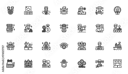 Casino icon set. Vector illustration. Includes symbos for roulette, poker, slo machine, dice, baccarat, lackjack, gambling, luck, ackpot and more.
