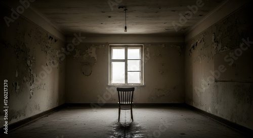 Empty room with single chair beneath window lighting interior space