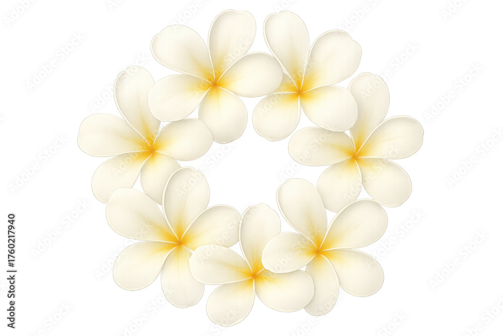 Naklejka premium Plumeria flowers wreath creating a tropical floral frame, isolated on transparent background, for summer design and decoration