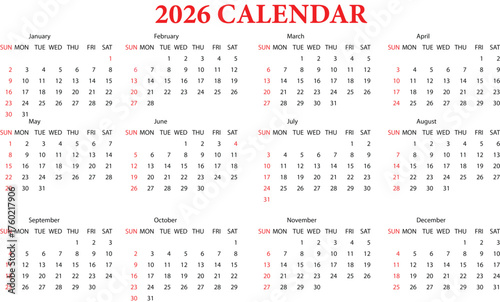2026 calendar, showing all twelve months in a grid layout with days of the week and dates clearly visible, perfect for planning and organizational purposes