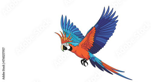 A vibrant macaque parrot with colorful plumage soars through the air with its wings outstretched in flight.