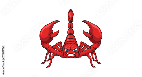 A menacing red scorpion with its claws raised and tail curled upwards posing a threat.