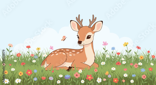 A cute young deer rests peacefully amidst a field of colorful wildflowers under a bright blue sky.