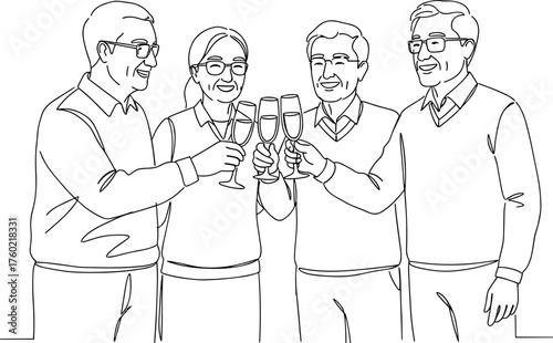 Group of elderly friends toasting with glasses in line vector style, transparent background  