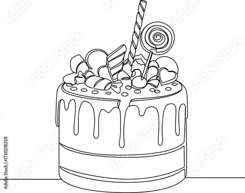 Cake with candies and lollipops in line vector style, transparent background  
