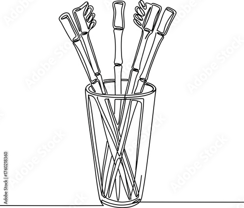 Line vector style illustration of toothbrushes in a holder  