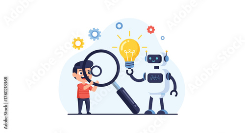 A curious child explores a bright idea with a friendly robot companion using a magnifying glass for detailed examination.